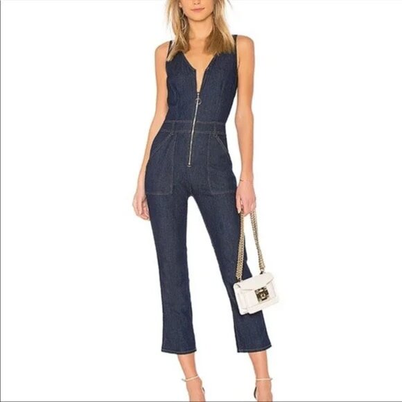 7FAM Denim Zip-Up Cropped Jumpsuit M Dark Wash Stretch Sleeveless - Picture 1 of 12
